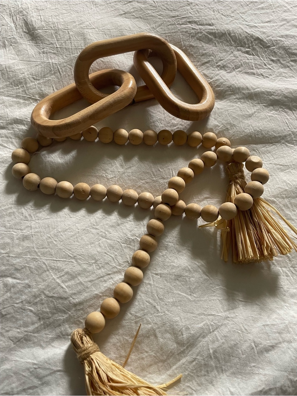 Natural Wood Beads with Tassels and wood links: Beige